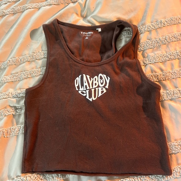 PLAYBOY Tops - PLAYBOY Brown Ribbed Cropped Tank Top with White Logo